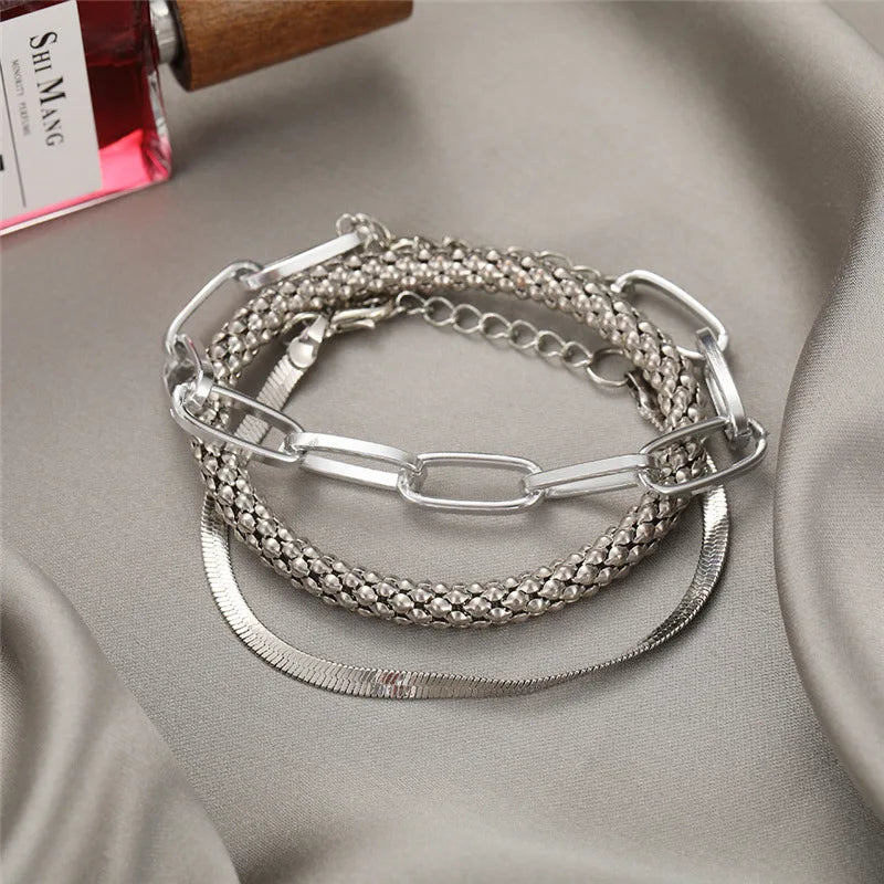 3Pcs Gold Plated Snake Bone Popcorn Chain Bracelet Set
