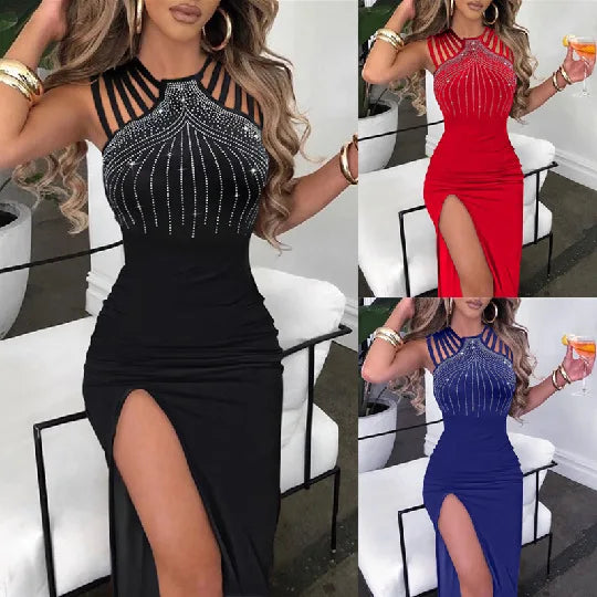 Sexy Dress for Women Rhinestone Decor Elegant Fashion Multi-Strap High Slit O-Neck Sleeveless Maxi Skinny Female Party Dress