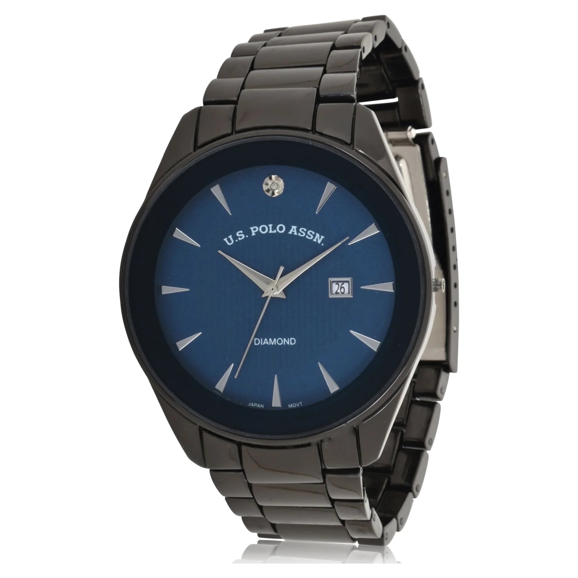 U.S. Polo Assn. Adult Male Bracelet Watch with Diamond on Blue Dial in Black