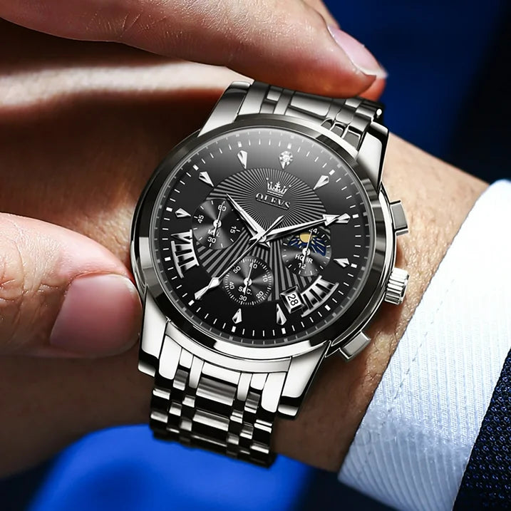 OLEVS Watches for Men, Mens Watches Quartz Silver Stainless Steel Waterproof Luminous Business Calendar Wrist Watch reloj para hombre Black Dial