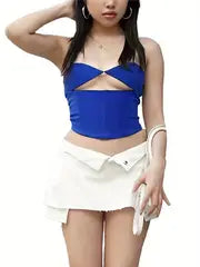 omen Solid Color Tank Tops Hollow-Out Tie-Up Halter Neck Sleeveless Backless Vests Summer Slim Fit