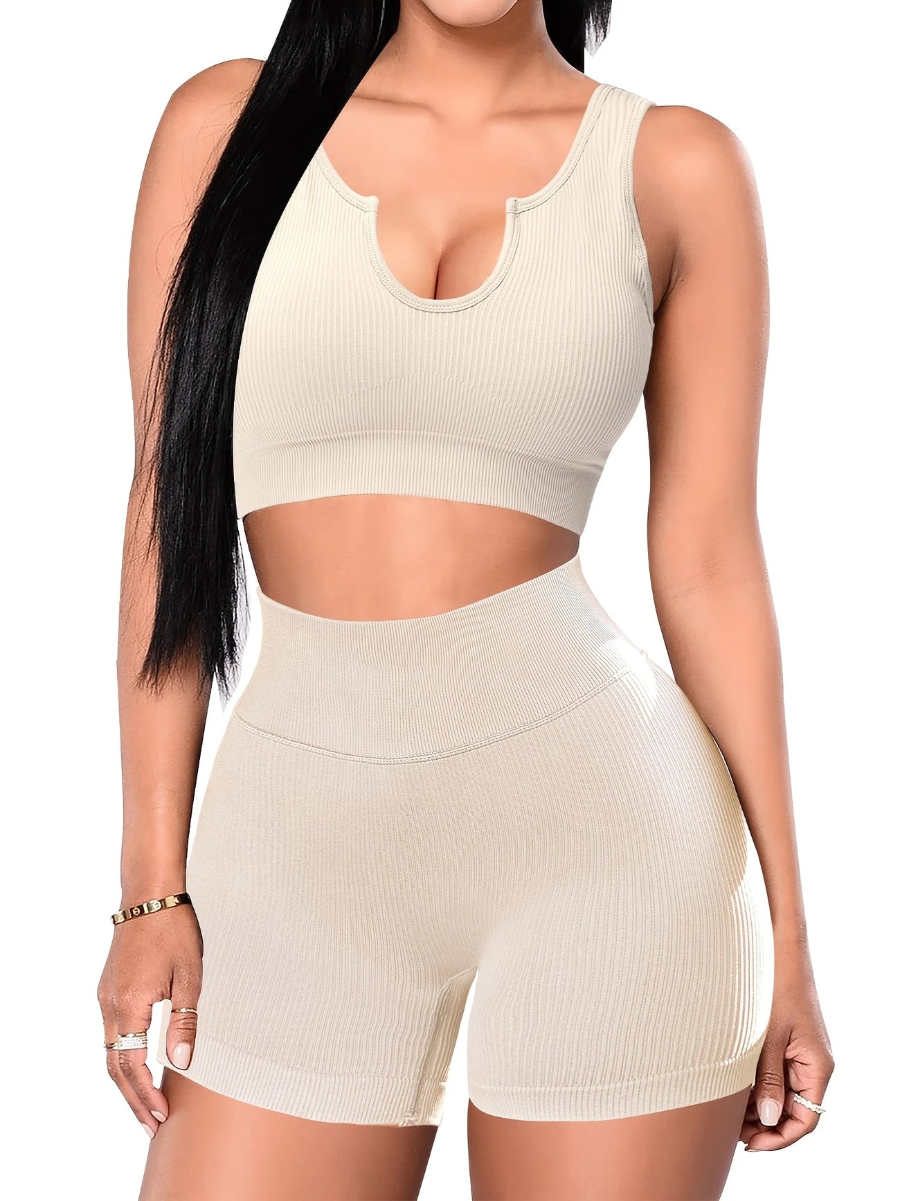Workout Sets For Women Seamless Yoga Outfits Ribbed Sports Bra Gym Shorts