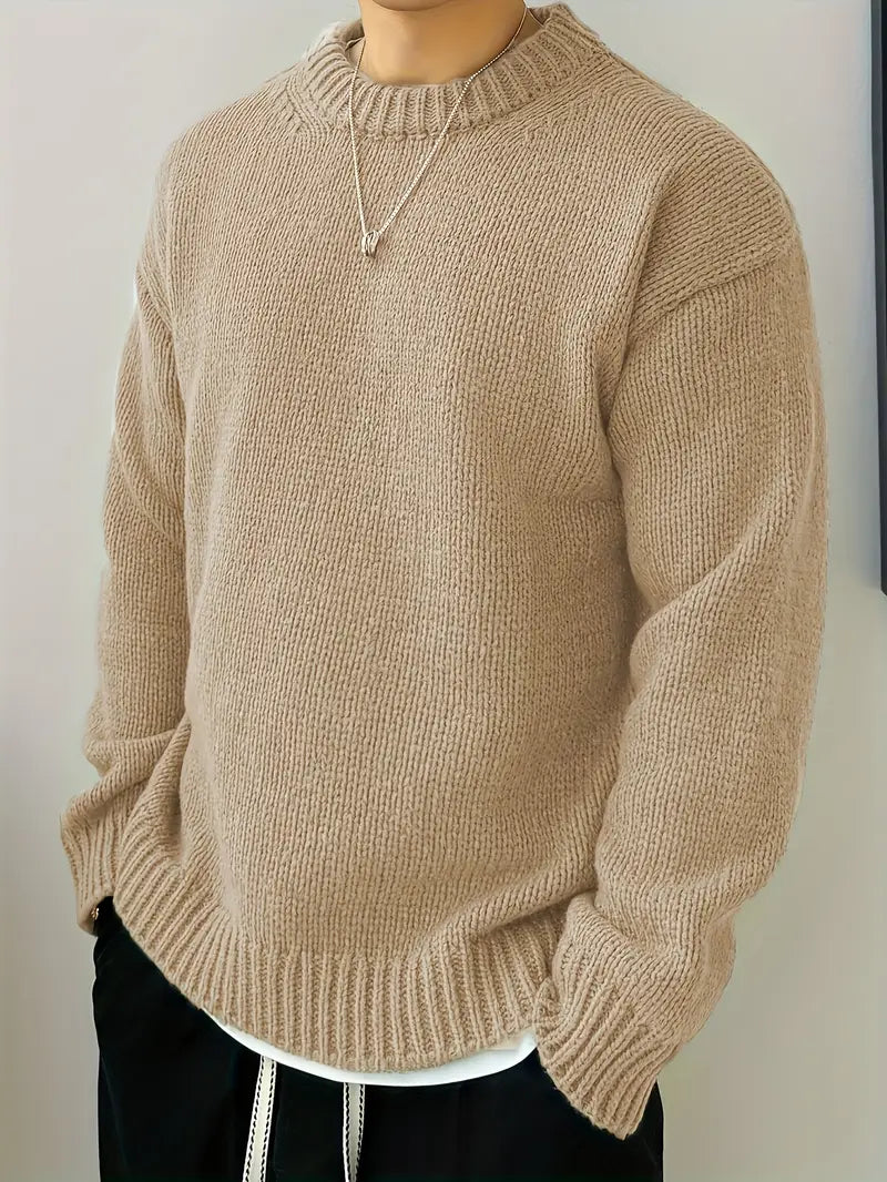 Mens Cozy Solid Knitted Long Sleeve Pullover Sweater