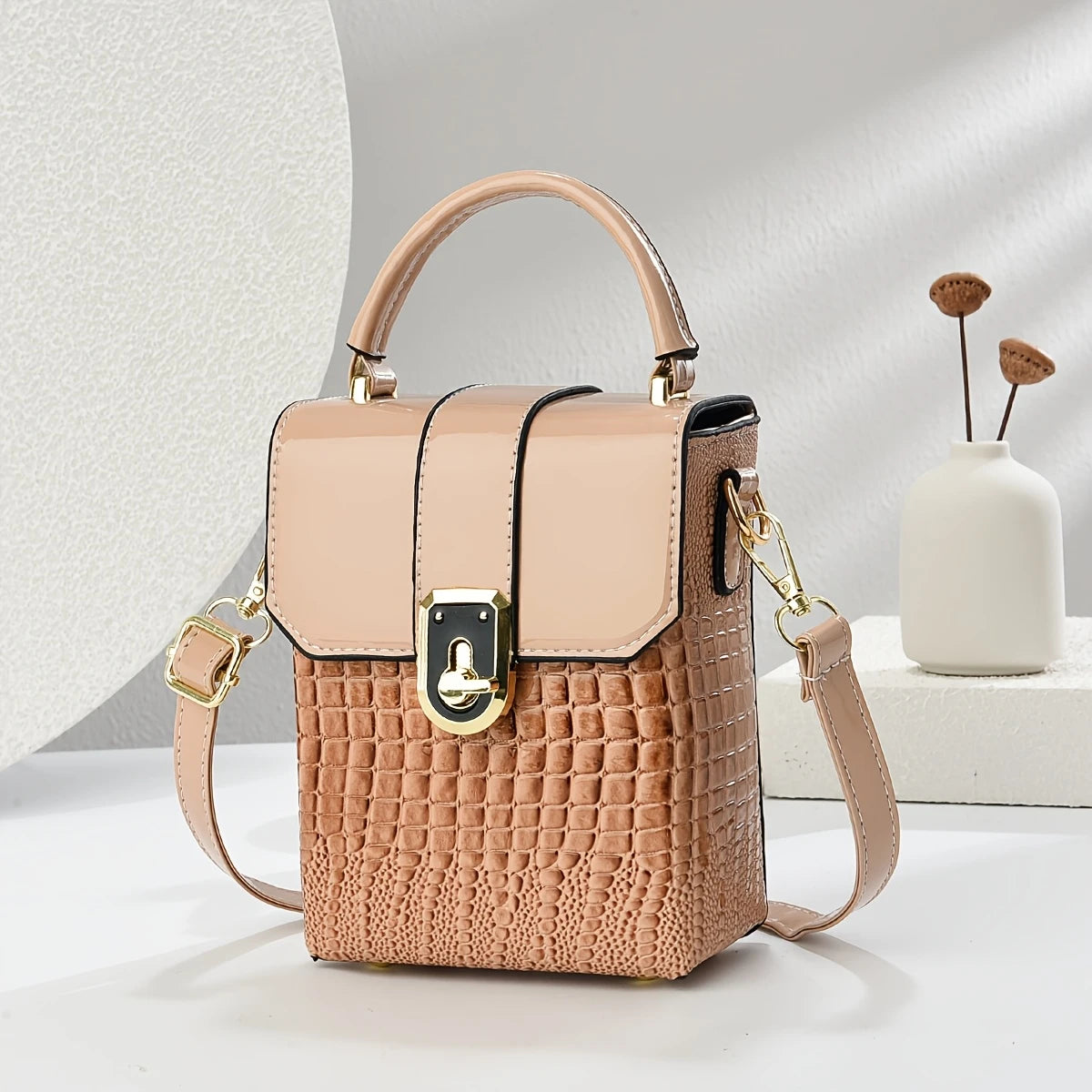 Mini Vintage Style Faux Crocodile-Print Shoulder Bag