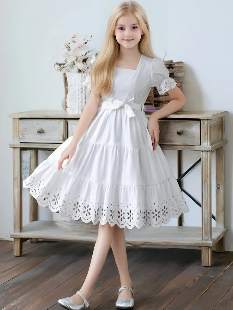 Girls' Elegant Square Neck Bubble Sleeve Lace Trim Princess Dress