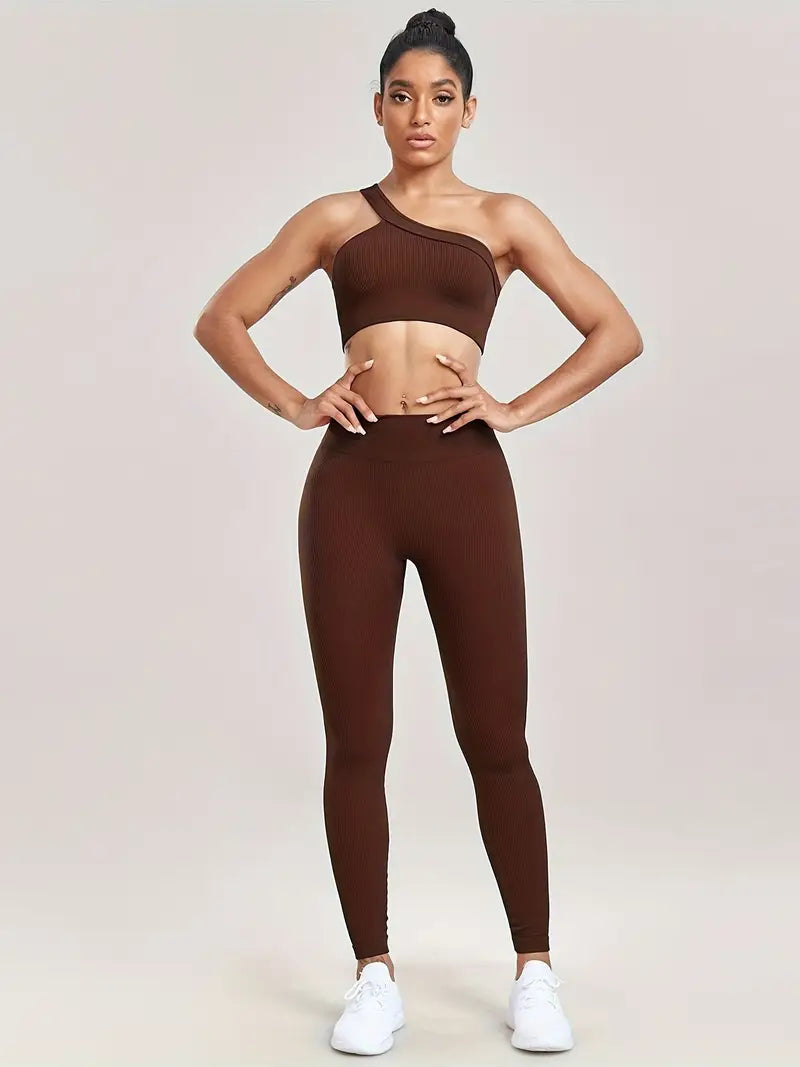 Cross Shoulder Bra & Threaded Yoga Leggings Set