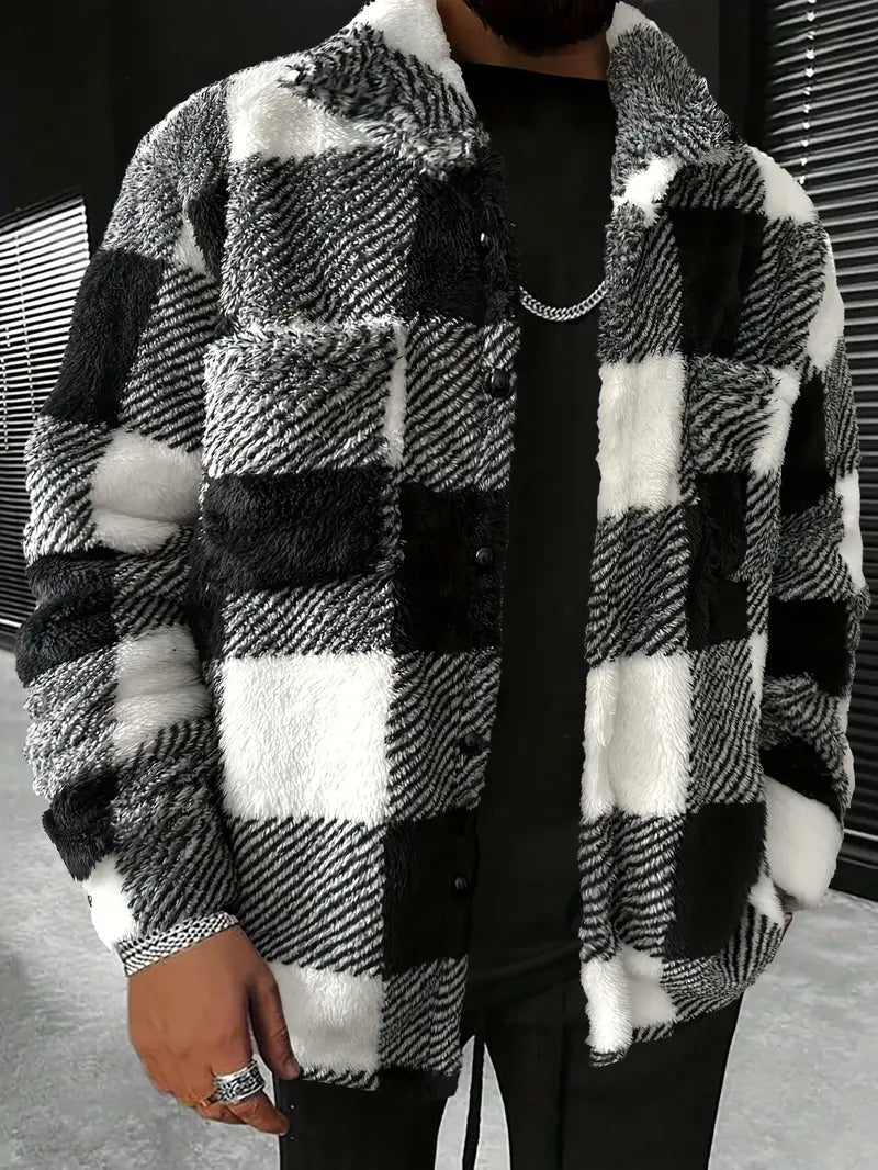 Men's Color Block Checkered Fleece Jacket