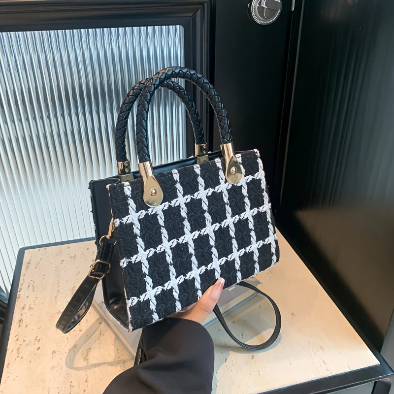 New White Plaid Synthetic Leather Crossbody Bag for Women