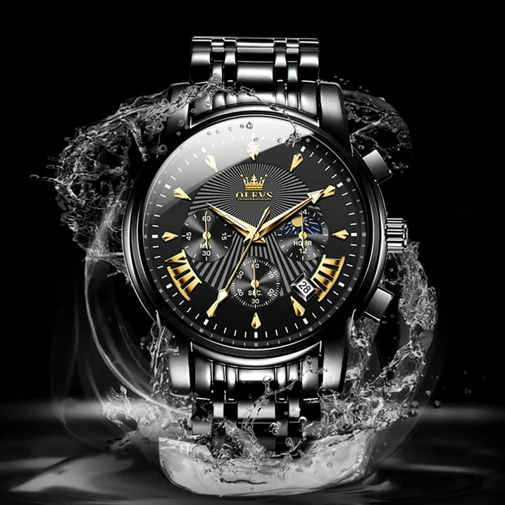 OLEVS Watches for Men, Mens Watches Quartz Black Stainless Steel Waterproof Luminous Business Calendar Wrist Watch reloj para hombre