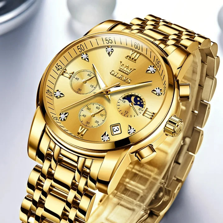 OLEVS Watches for Men, Mens Watches Gifts for Men Chronograph Analog Quartz Luxury Casual Classic Diamond Waterproof Luminous Gold Stainless Steel Reloj para Hombre