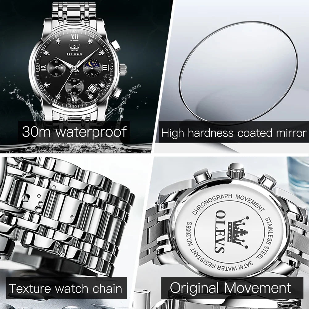OLEVS Watches for Men, Mens Watches Gifts for Men Chronograph Analog Quartz Luxury Casual Classic Diamond Waterproof Luminous Stainless Steel Reloj para Hombre Black Dial