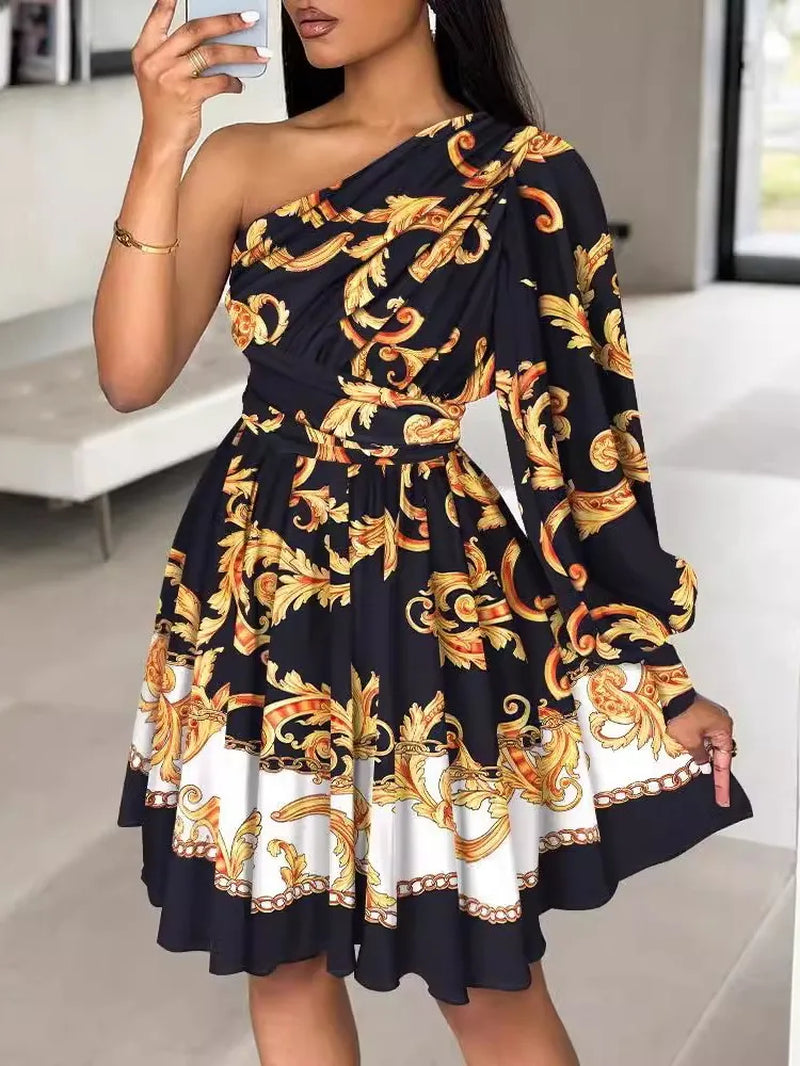 New Boho Print Women Dress Spring Fashion Sexy off Shoulder Office Elegnat Casual Dresses Female Sweet Party Dress Robe Femme