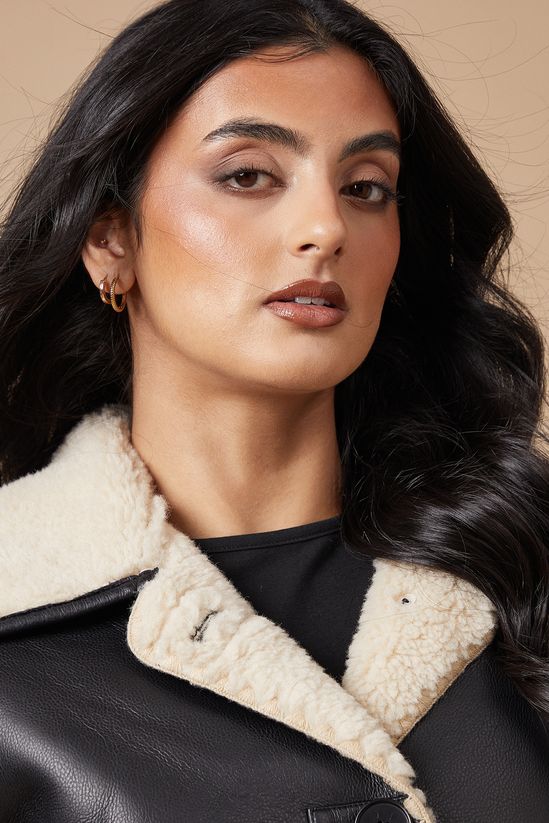 Black Faux Leather Button Detail Aviator Jacket