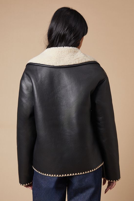Black Faux Leather Button Detail Aviator Jacket
