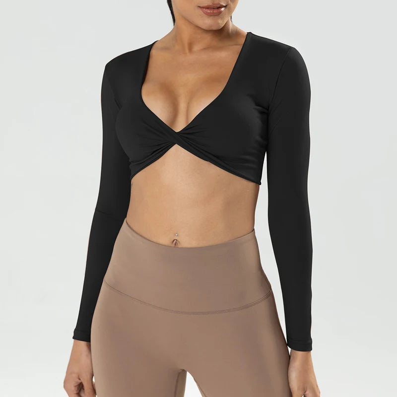 Women’s Long Sleeve Twist V-Neck Crop Top, Padded Workout & Yoga Top