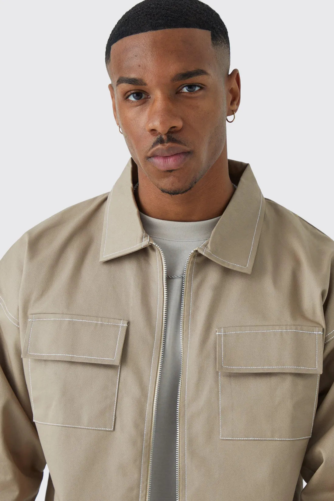 Long Sleeve Twill Contrast Stitch Boxy Jacket