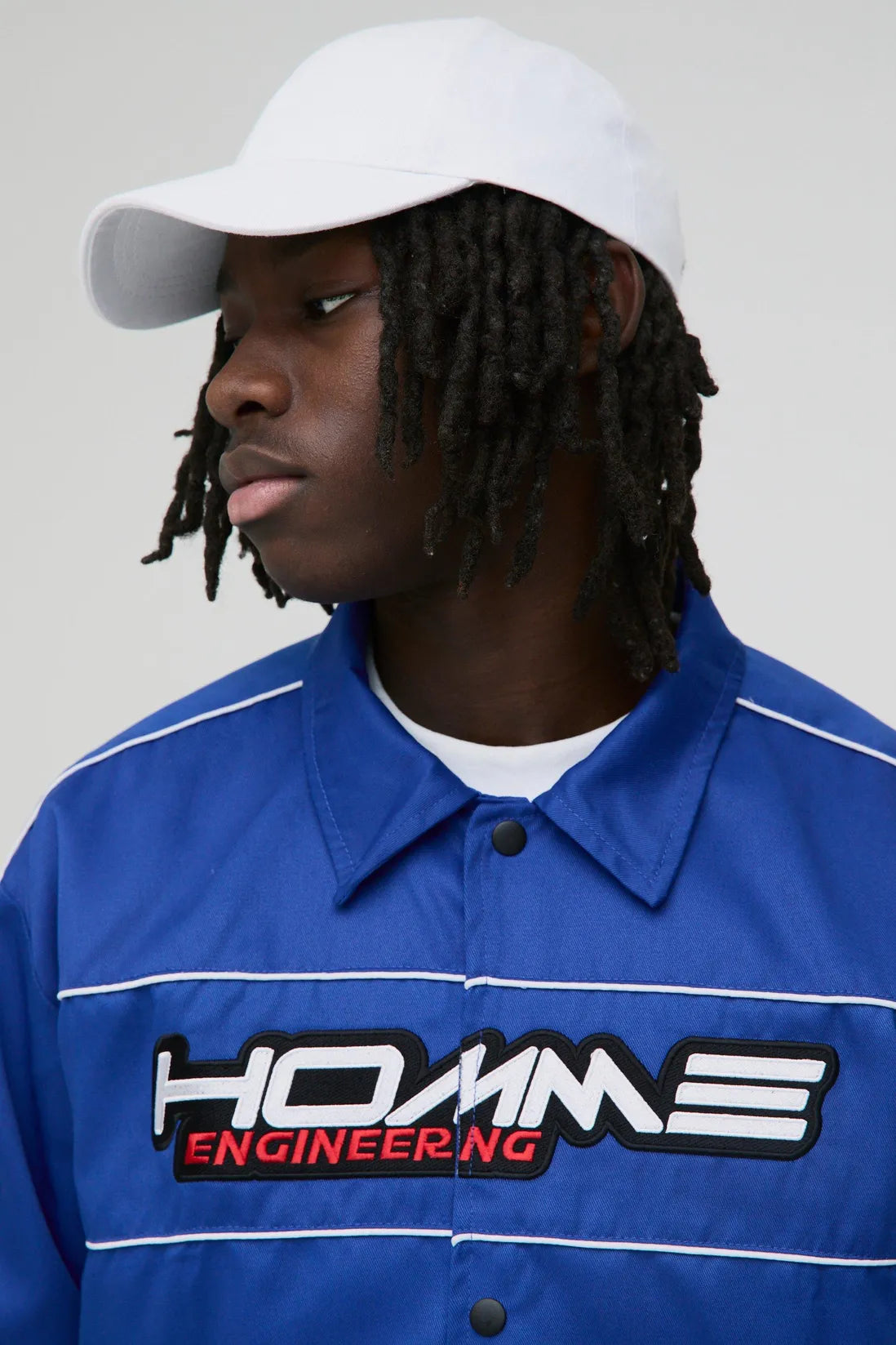 Boxy Twill Moto Collared Bomber Jacket In Blue