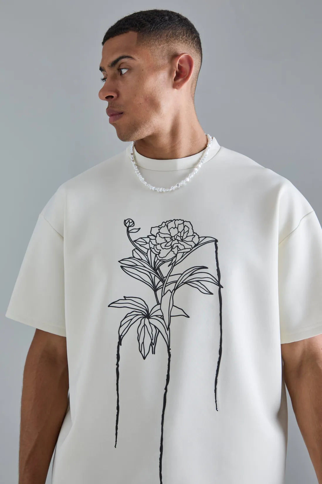 Oversized Floral Line Drawing Scuba T-shirt