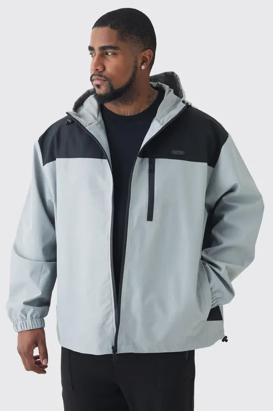 Plus Oversized Colour Block Hooded Windbreaker In Grey Jackets