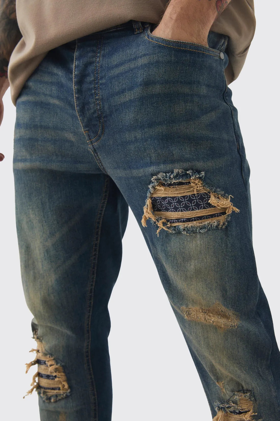 Skinny Stretch Stacked Bandana Rip & Repair Jeans