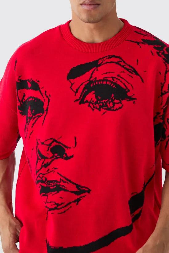 Oversized Line Drawing Knitted T-shirt