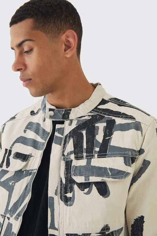 Slim Boxy Denim Graffiti Laser Print Biker Jacket