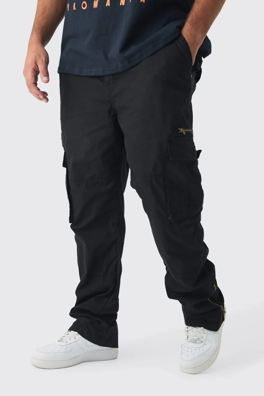 Plus Slim Flare Zip Gusset Overdye Acid Wash Cargo Trouser In Black