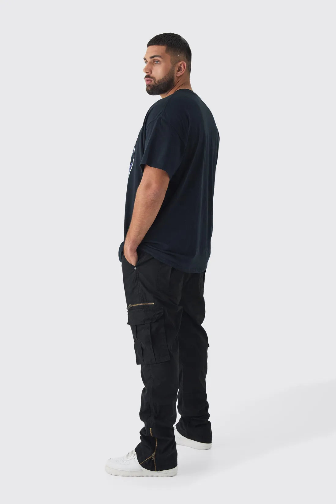 Plus Slim Flare Zip Gusset Overdye Acid Wash Cargo Trouser In Black