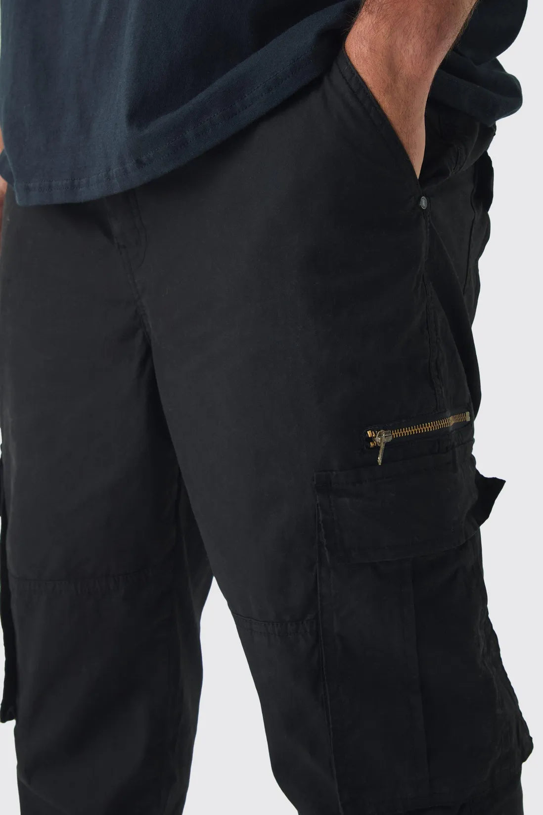 Plus Slim Flare Zip Gusset Overdye Acid Wash Cargo Trouser In Black
