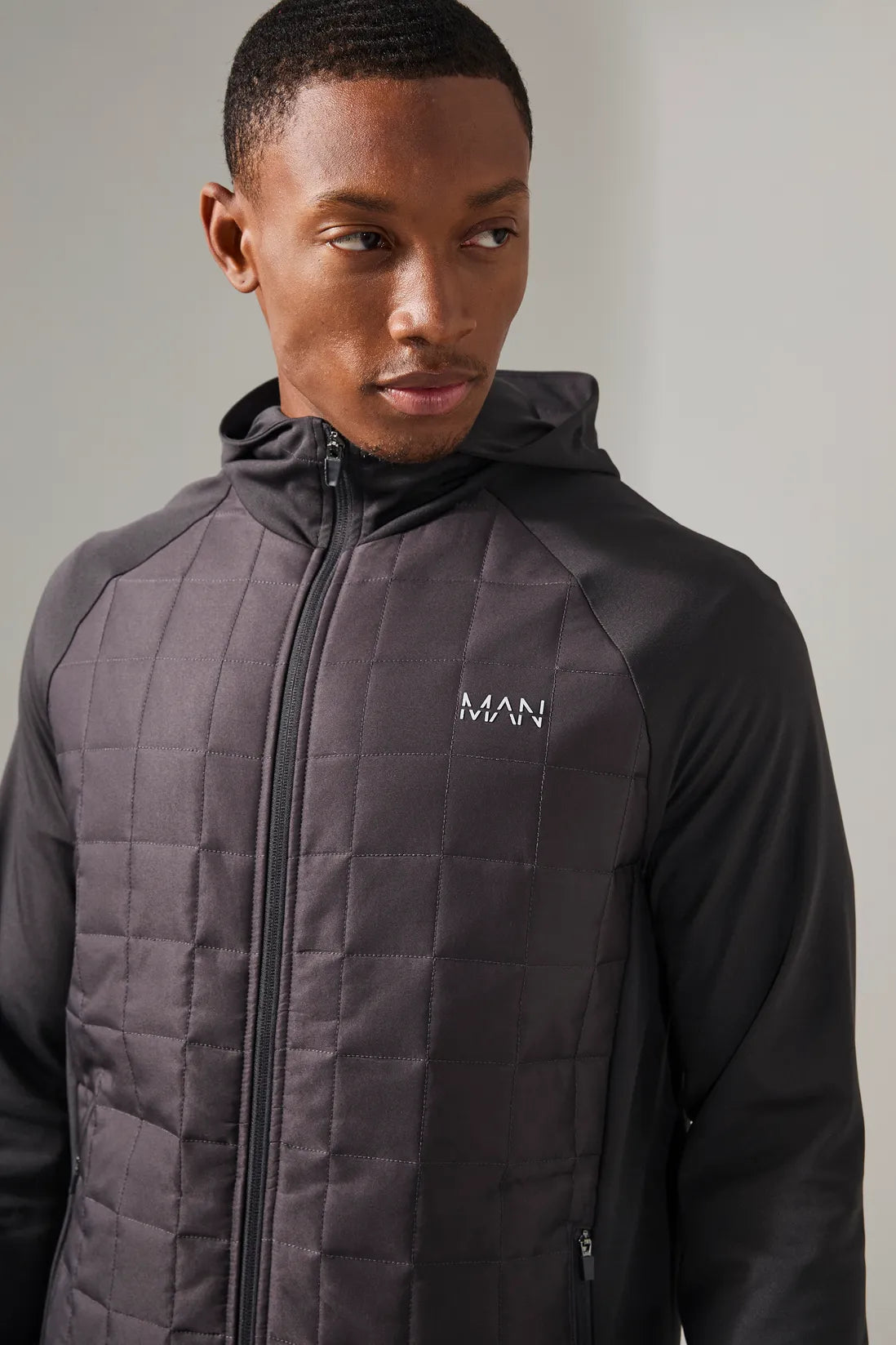 Man Active Check Quilted Zip Through Hoodie