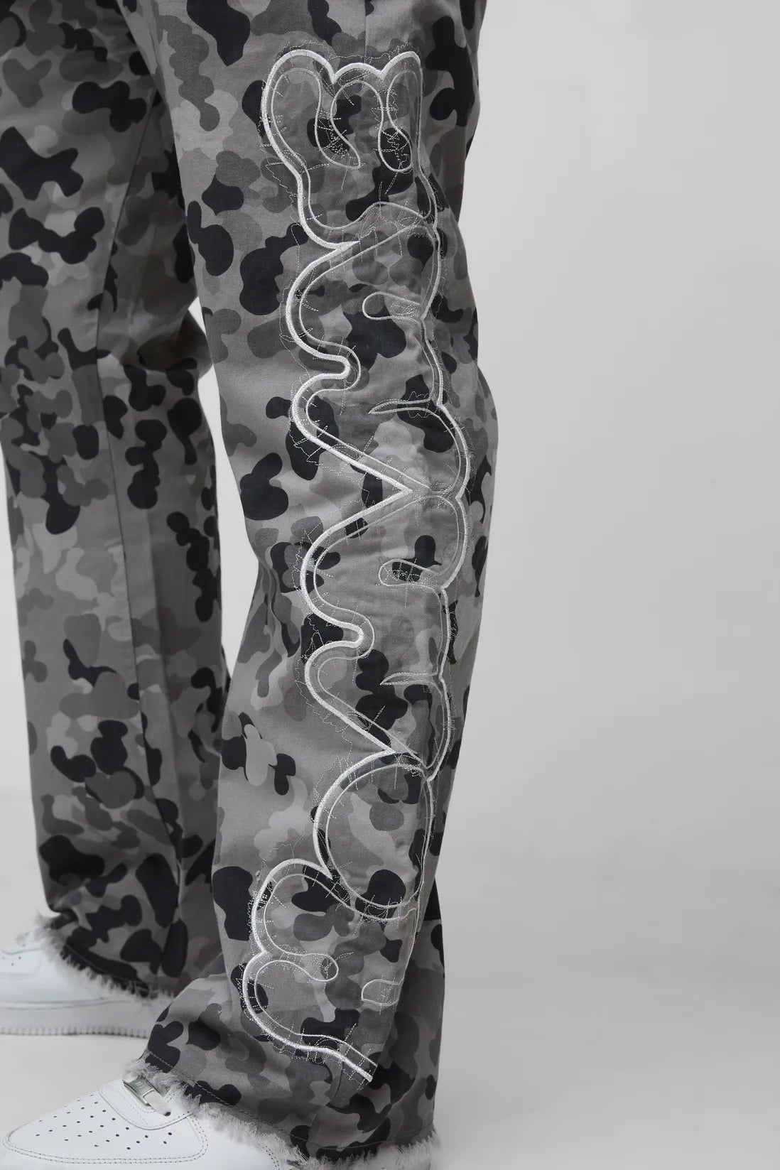 Plus Self Applique Gusset Detail Camo Slim Fit Flared Trousers