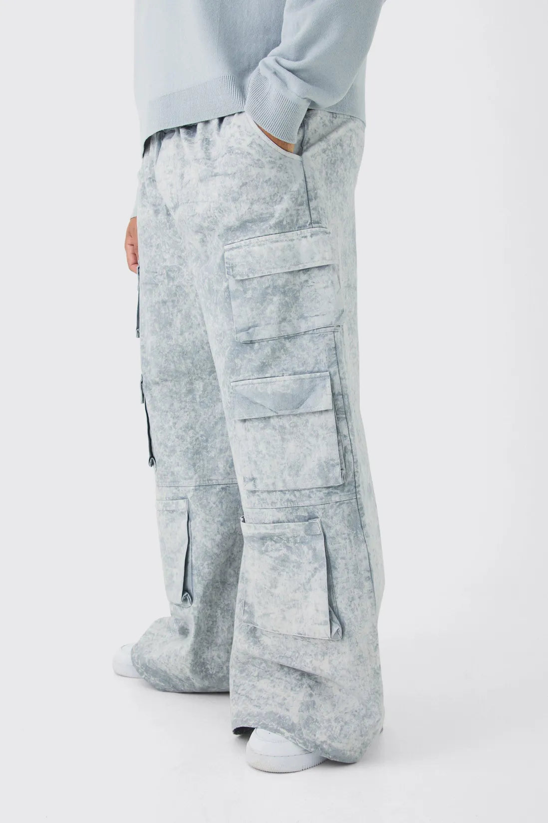 Plus Elasticated Waist Extreme Baggy Heavyweight Washed Multi Cargo Trousers