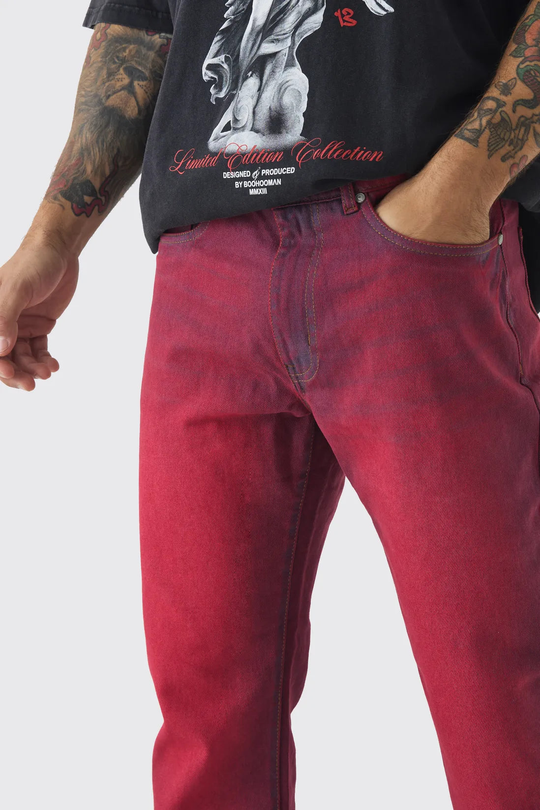 Slim Rigid Flared Stacked Red Tinted Jeans