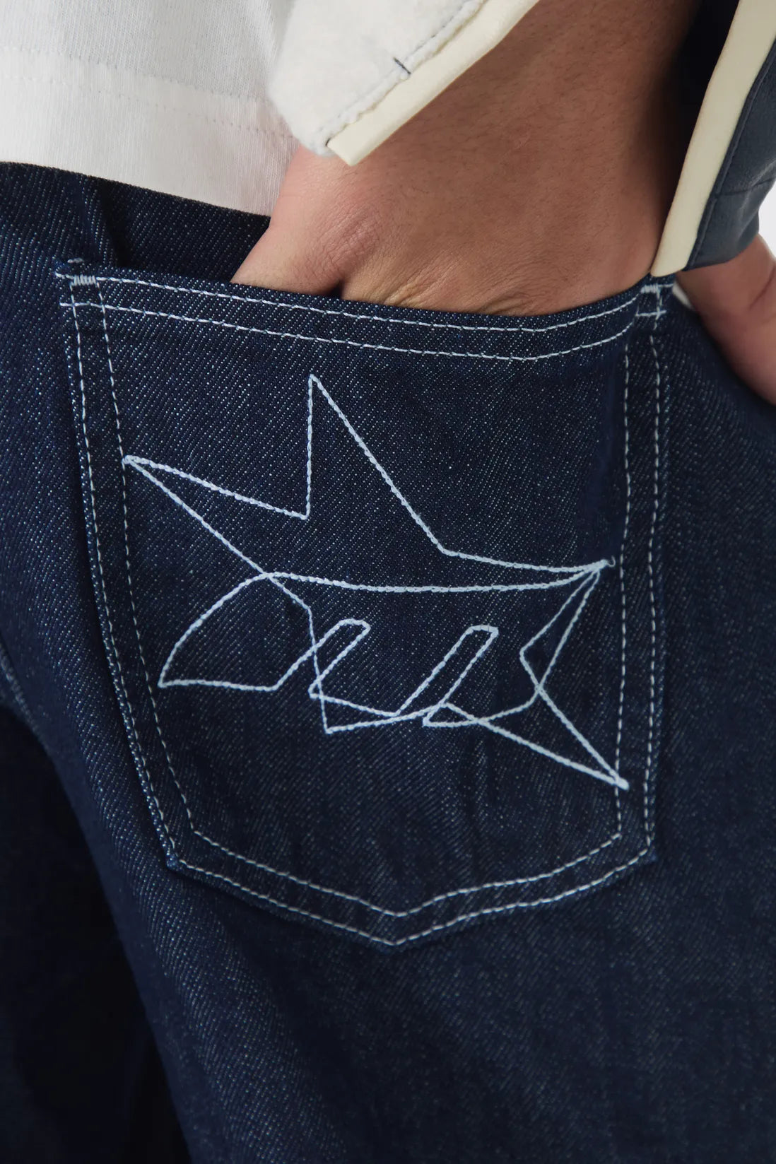 Relaxed Rigid Indigo Contrast Embroidered Strap Turn Up Jeans