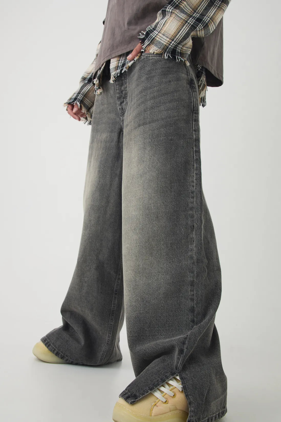 Baggy Rigid Extreme Washed Split Hem Denim Jeans