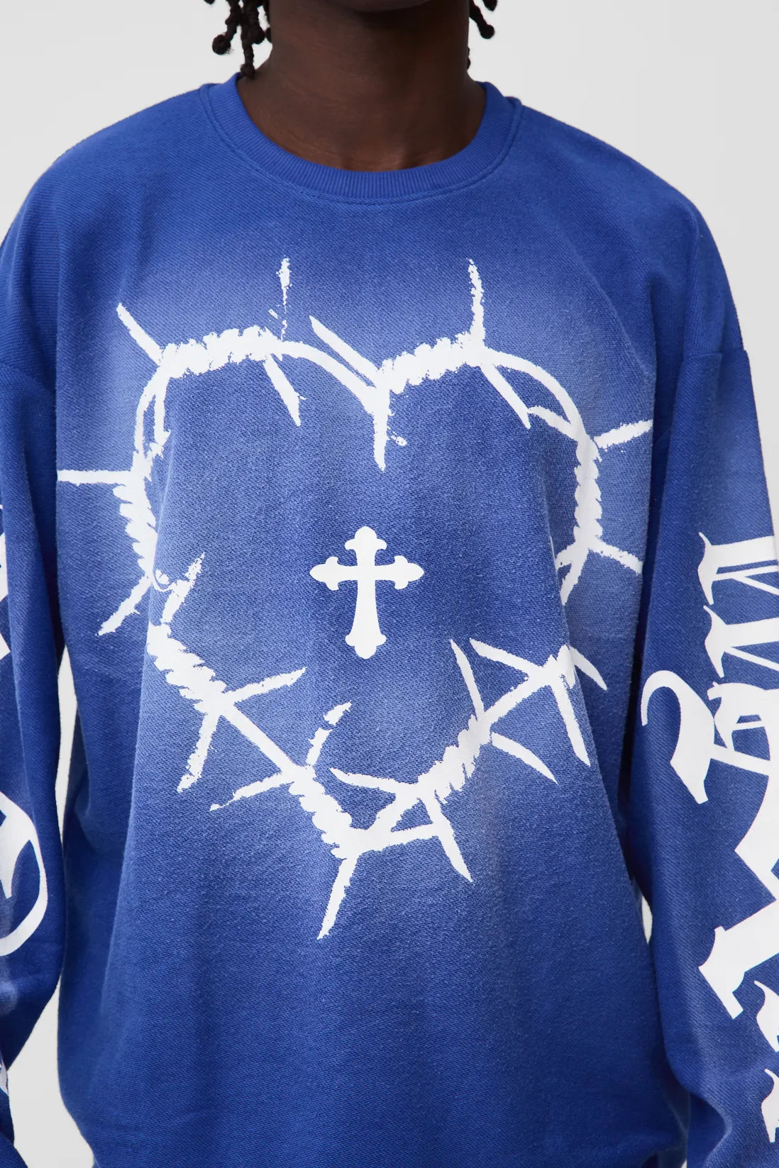 Oversized Reverse Loopback Heart Print Long Sleeve Spray Wash T-Shirt