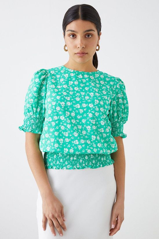 Green Ditsy Shirred Hem Top