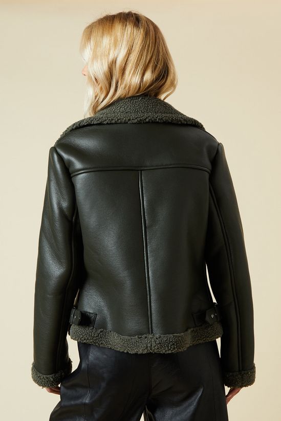 Khaki Faux Leather Short Aviator Jacket