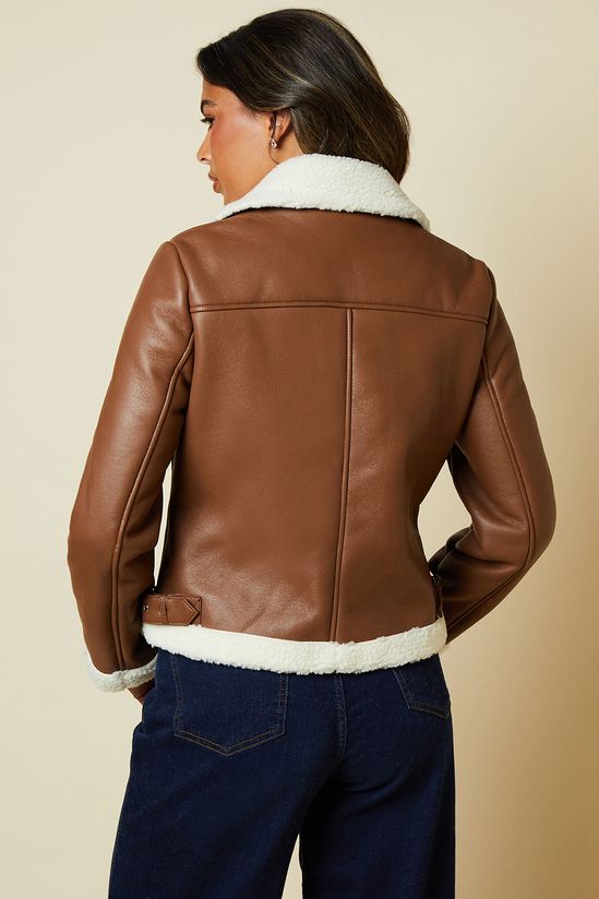 Brown Faux Leather Short Aviator Jacket