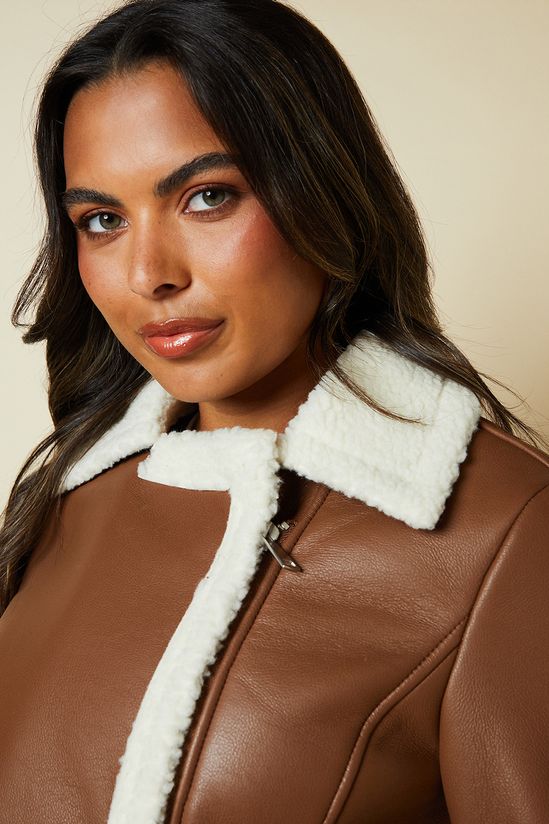 Brown Faux Leather Short Aviator Jacket