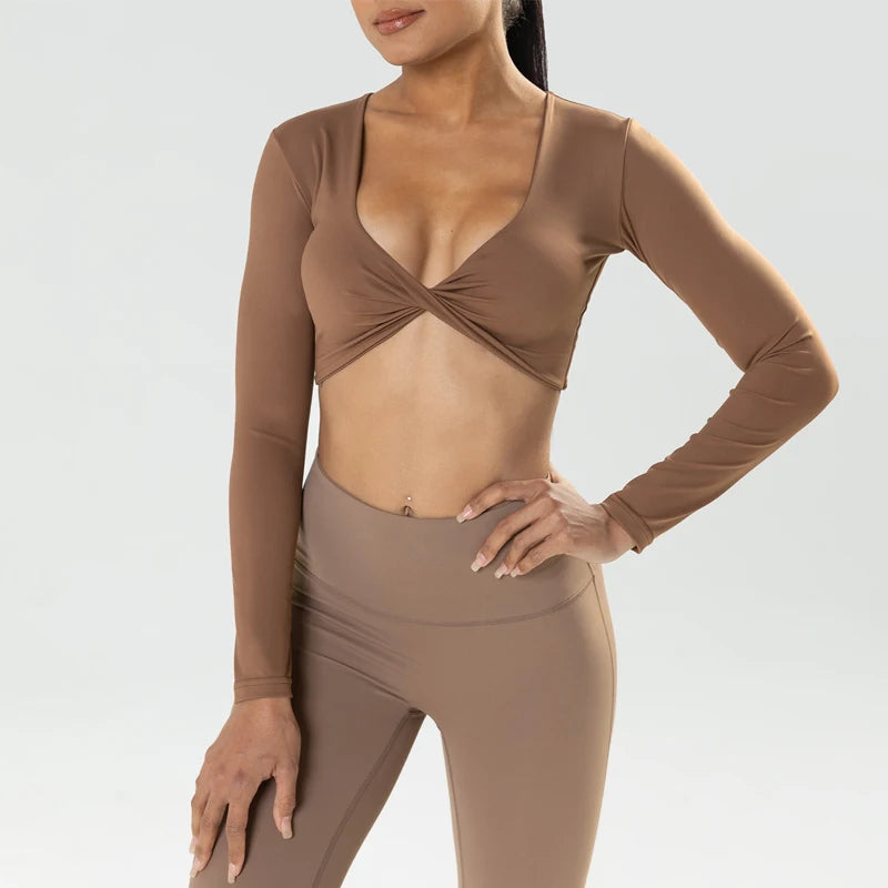 Women’s Long Sleeve Twist V-Neck Crop Top, Padded Workout & Yoga Top