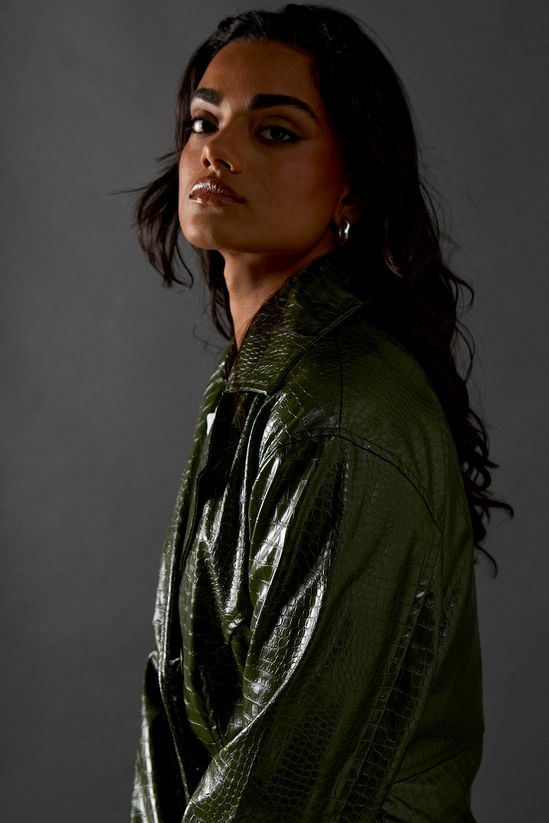 Croc Waist Detail Faux Leather Jacket