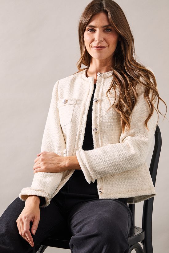 Textured Button Through Collarless Jacket