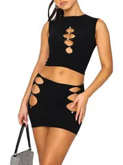 omens 2pcs Summer Outfits, Shiny Rhinestone Hollow Out Color Tank Tops and Mini Skirt Set