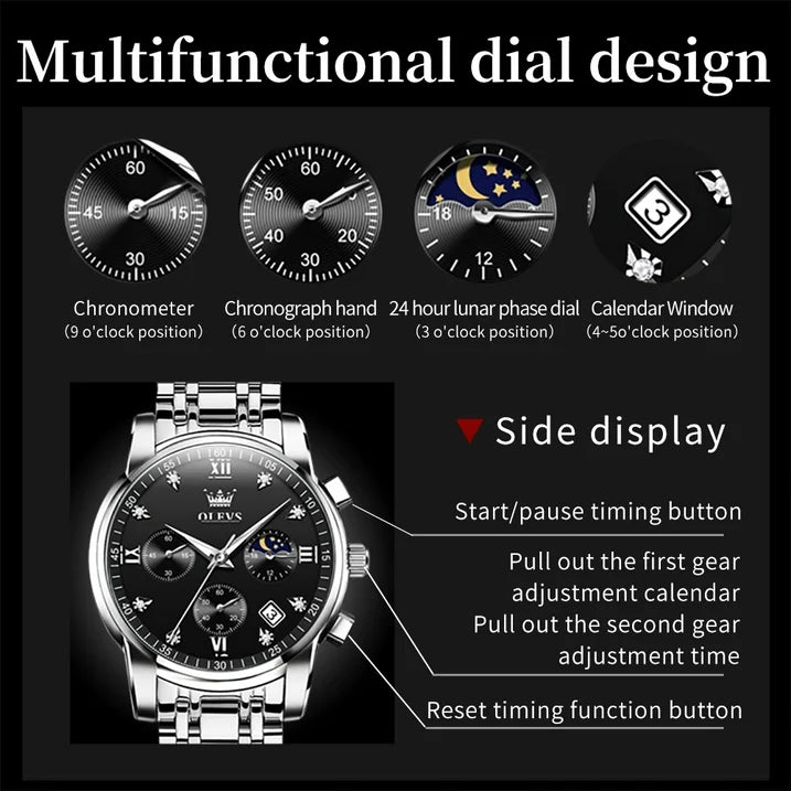 OLEVS Watches for Men, Mens Watches Gifts for Men Chronograph Analog Quartz Luxury Casual Classic Diamond Waterproof Luminous Stainless Steel Reloj para Hombre Black Dial