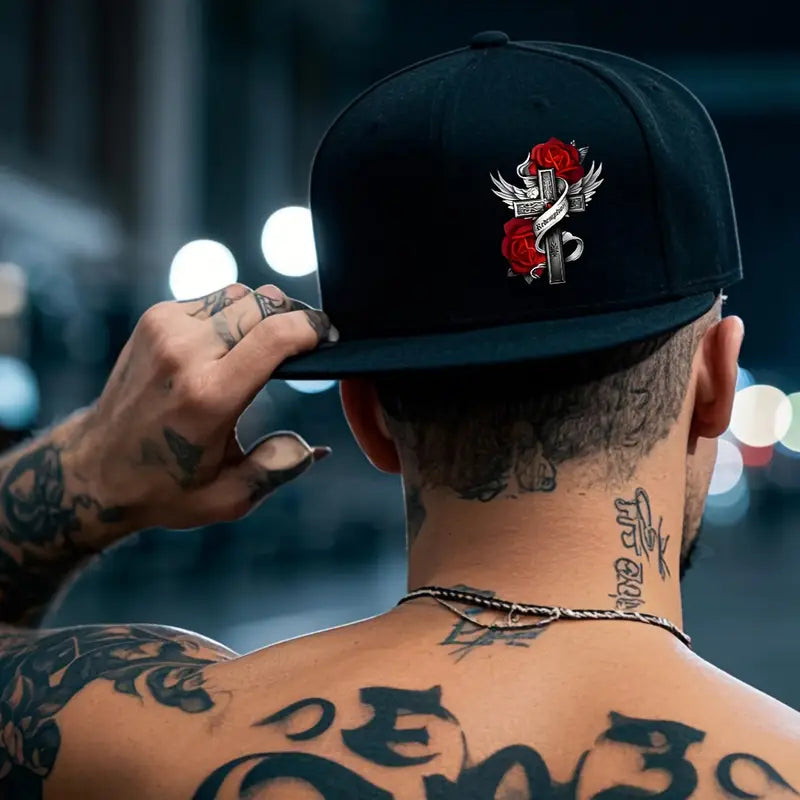 Flat-Brim Hip-Hop Cap with Red Rose Cross Design