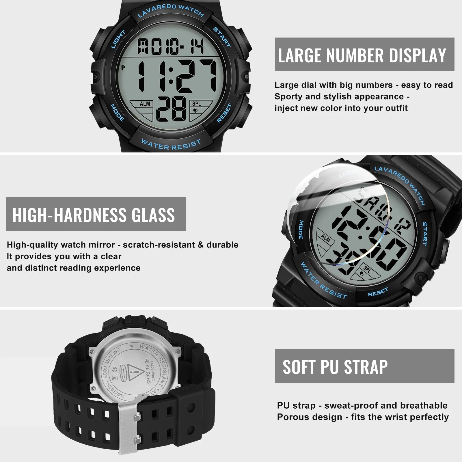 Men's Digital Sports Watch With Stopwatch/Alarm/Dual Time/ LED Backlight Outdoor Sports Waterproof Watch PU Strap Gifts for Man