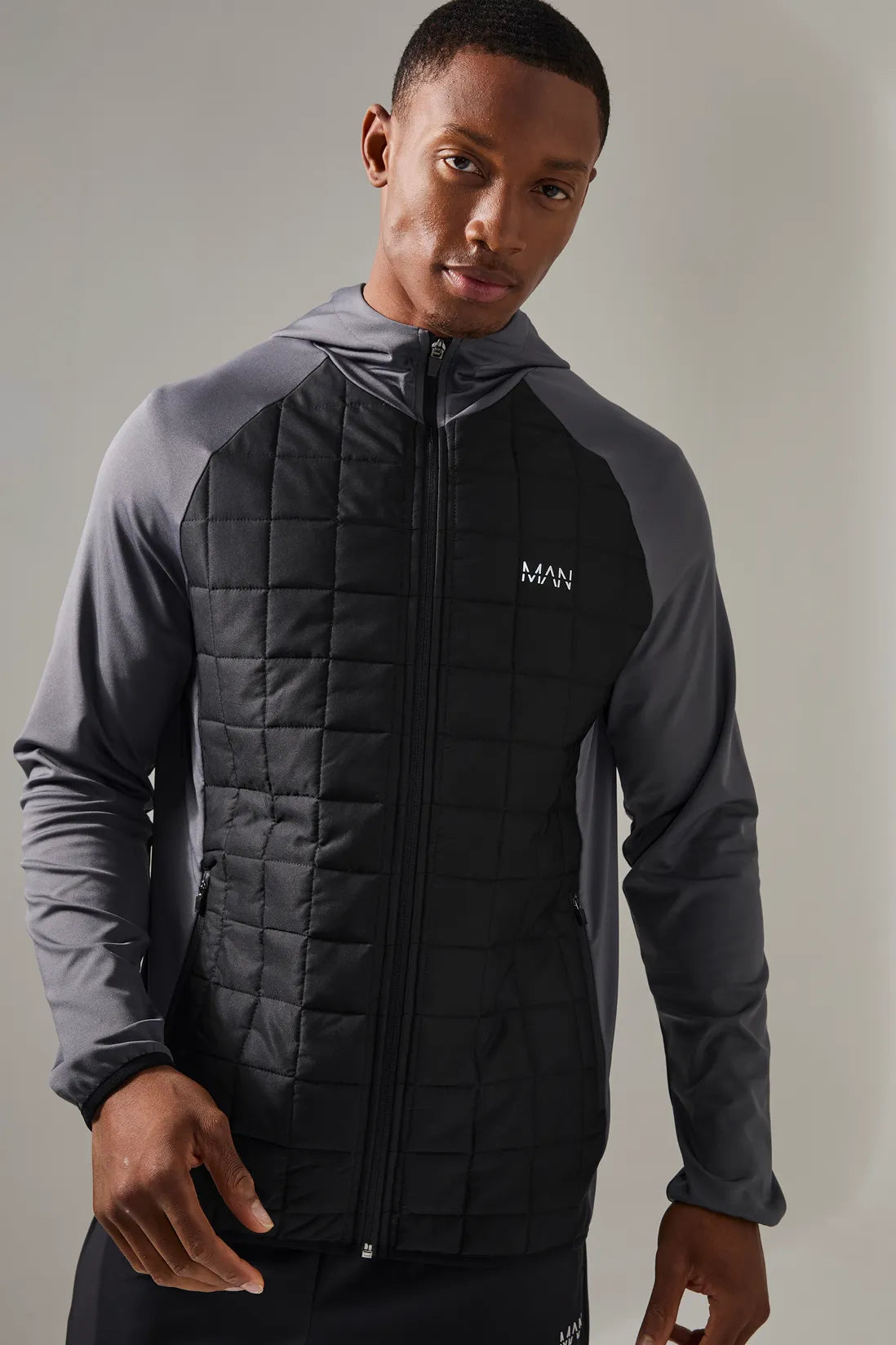 Man Active Check Quilted Zip Through Hoodie