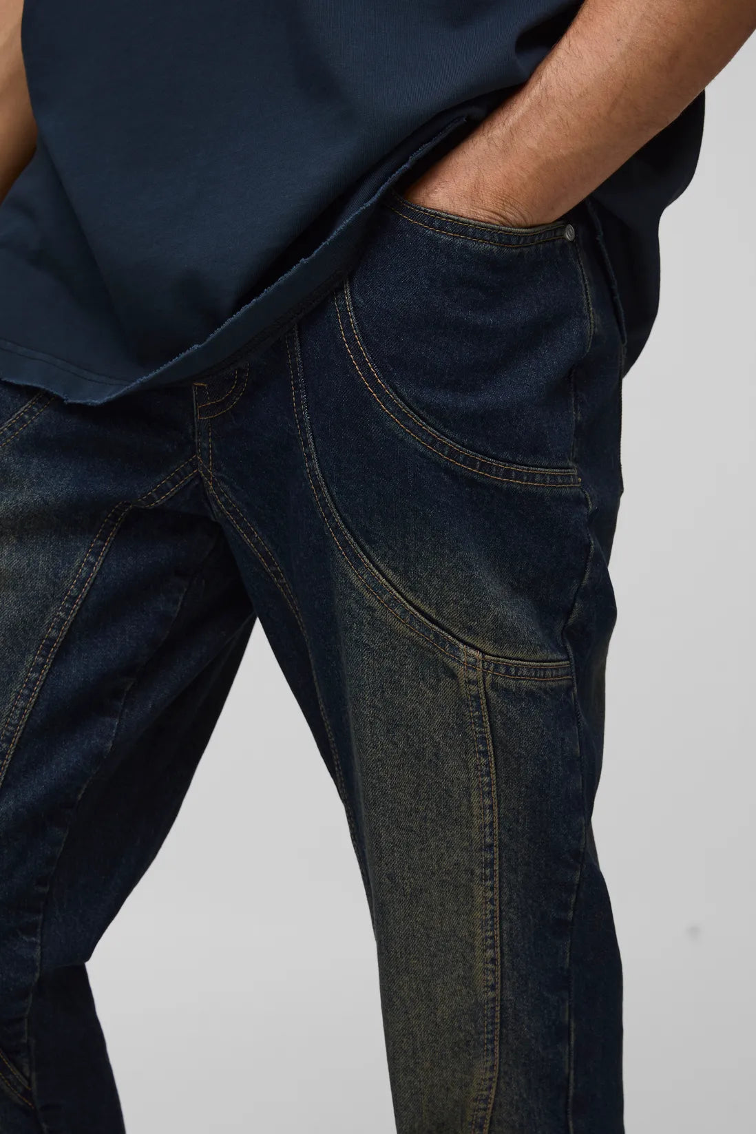 Relaxed Rigid Flare Washed Panelled Denim Jeans