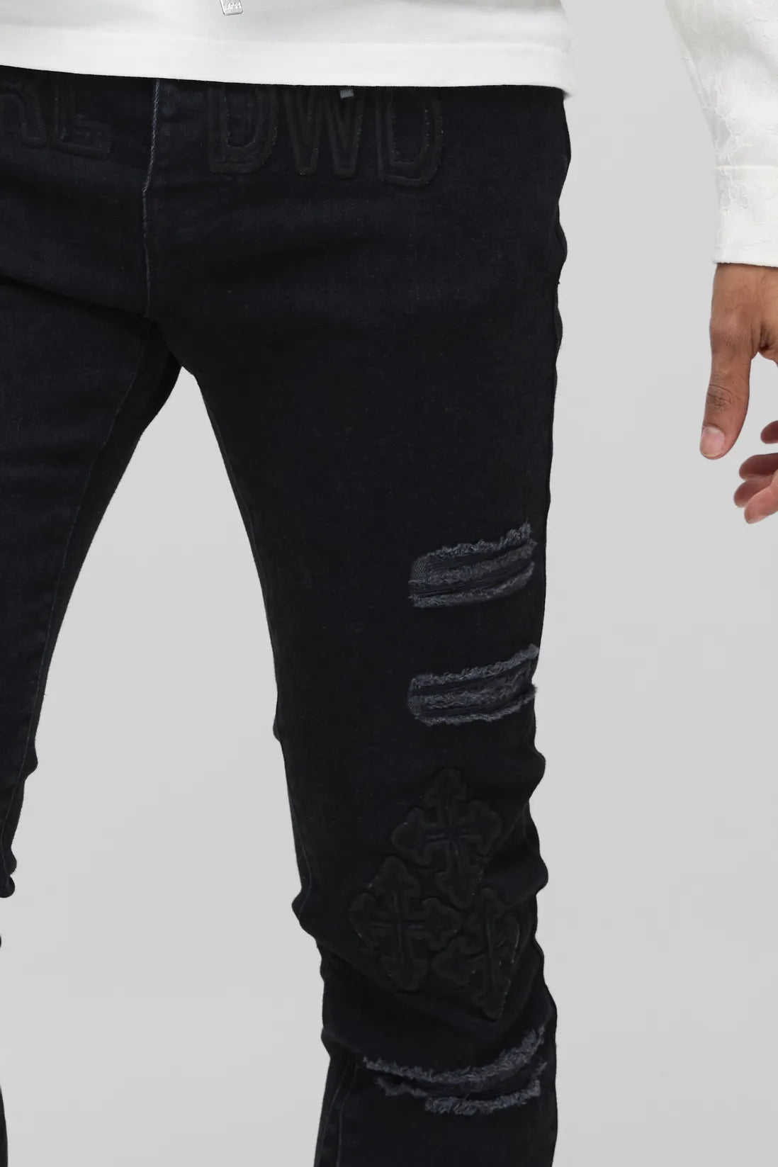 Skinny Stacked Cross Applique Jeans